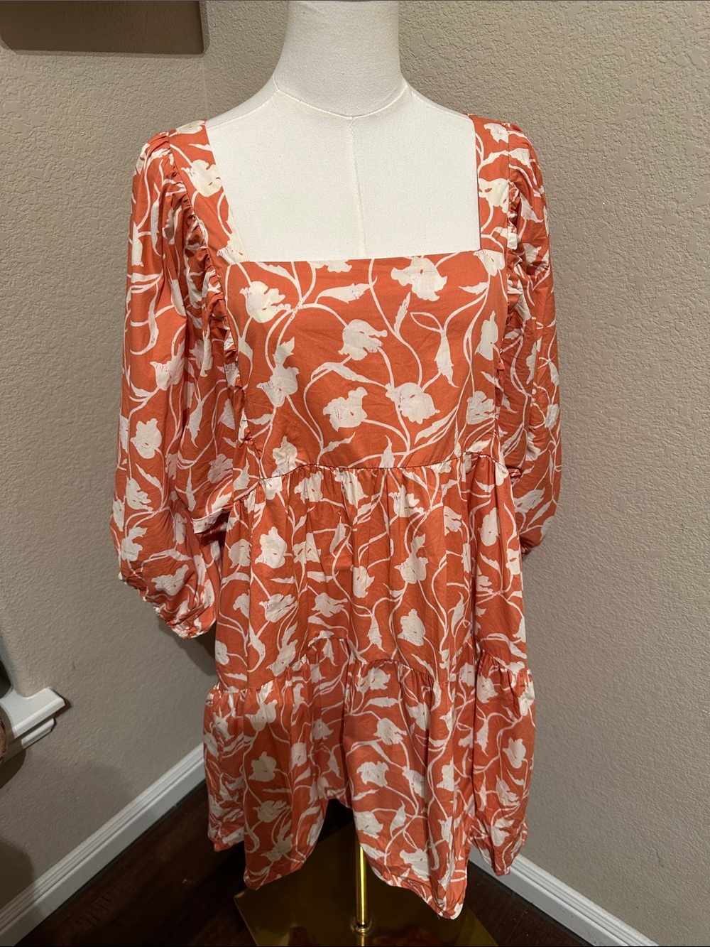 a new day Orange and Cream Floral Square-Neck Tiered Dress